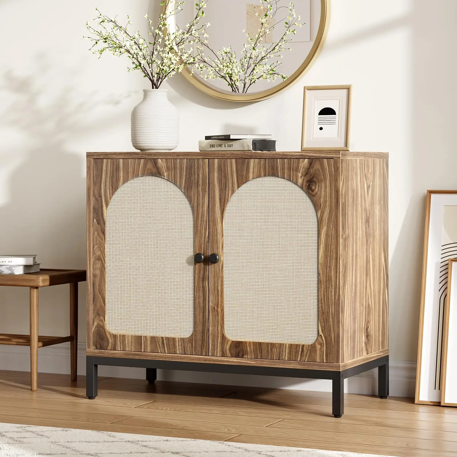 【GARVEE】Buffet Cabinet with Rattan Doors and Adjustable Shelves, Versatile Kitchen and Living Room Sideboard Cabinet in Brown and Black Finishes, Ideal for Organizing and Enhancing Your Space