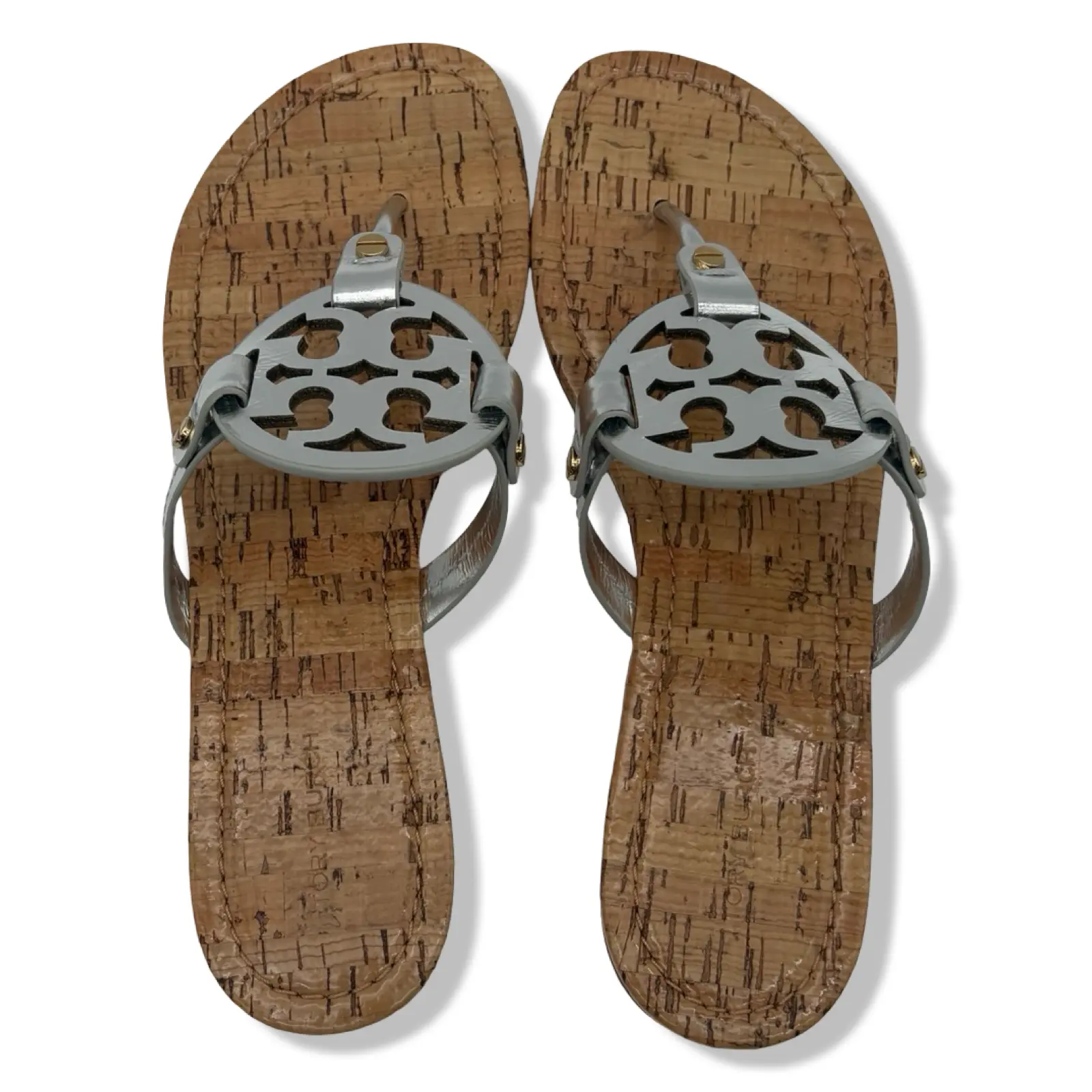 Pre-Owned Tory Burch Women's Miller Sandals with Rivits + Handtack Stitch, Silver/Natural