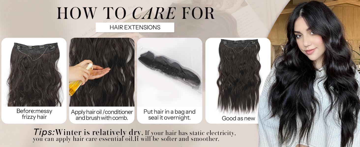 AISI HAIR Hair Extensions Invisible Wire Wavy Hair Adjustable Size 4 Secure Clips Long Synthetic Hairpieces with Transparent Wire Blonde Brown Wave