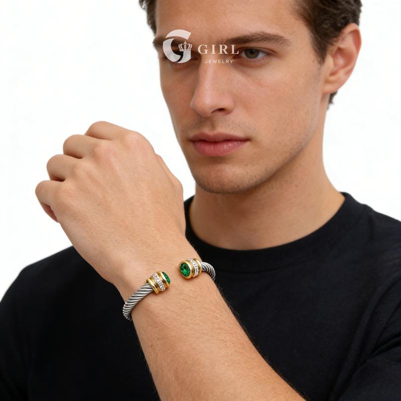 GGIRL Birthstone Stainless Steel Twisted Cable Cuff Bracelet For Men Womens, Multi-Color Cubic Zirconia 60mm Diameter  Fashion Jewelry Gift for Holiday Haul Christmas Birthdays Anniversaries