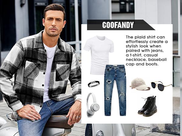 COOFANDY Lightweight Fall Outfits Classic Menswear Flannel Shirts Casual Button Down Plaid Shirt Jacket Long Sleeve Fleece Shacket with Pockets Coats  Outerwear Overall Stylish Corduroy Tops