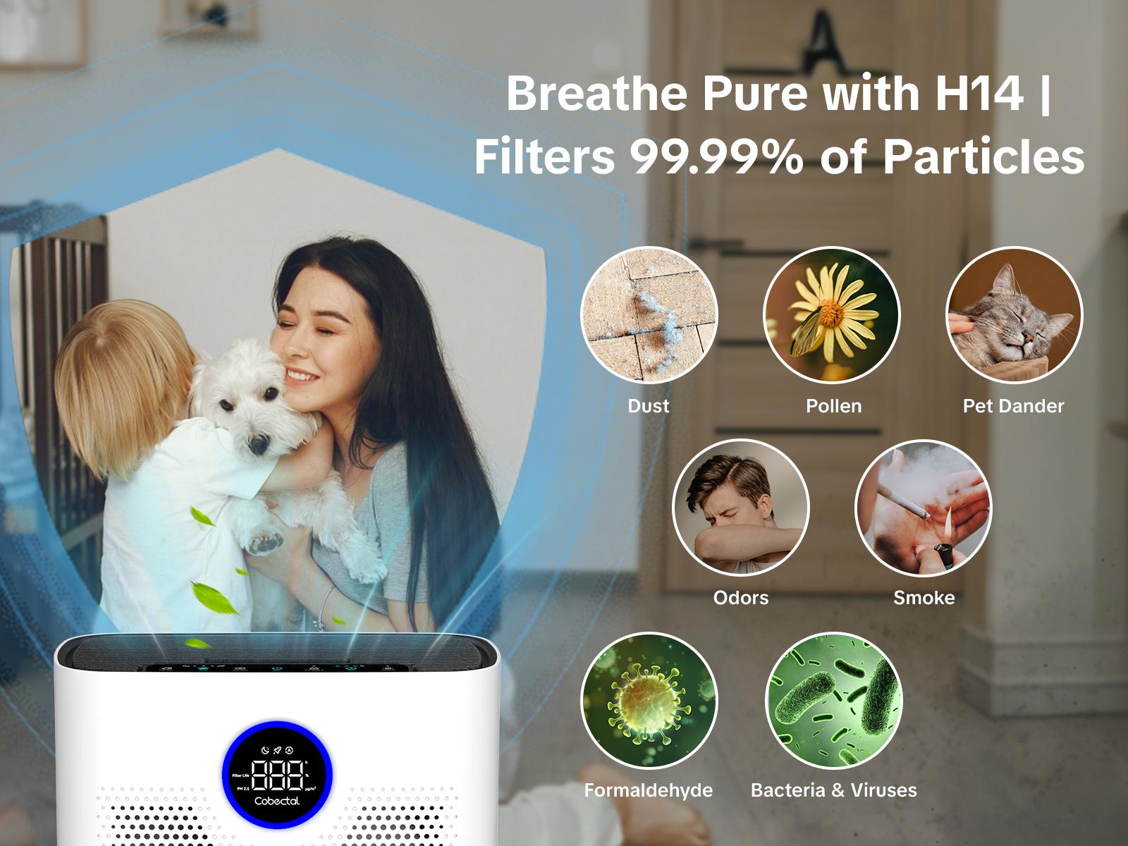 Cobectal H14 True HEPA Air Purifier for Home – Whisper Quiet Air Cleaner for Large Rooms, Bedroom, Nursery | Smart Auto Mode, Odor & Germ Eliminator, Pet Dander & Allergy Relief – Ideal Gift for Family & Friends