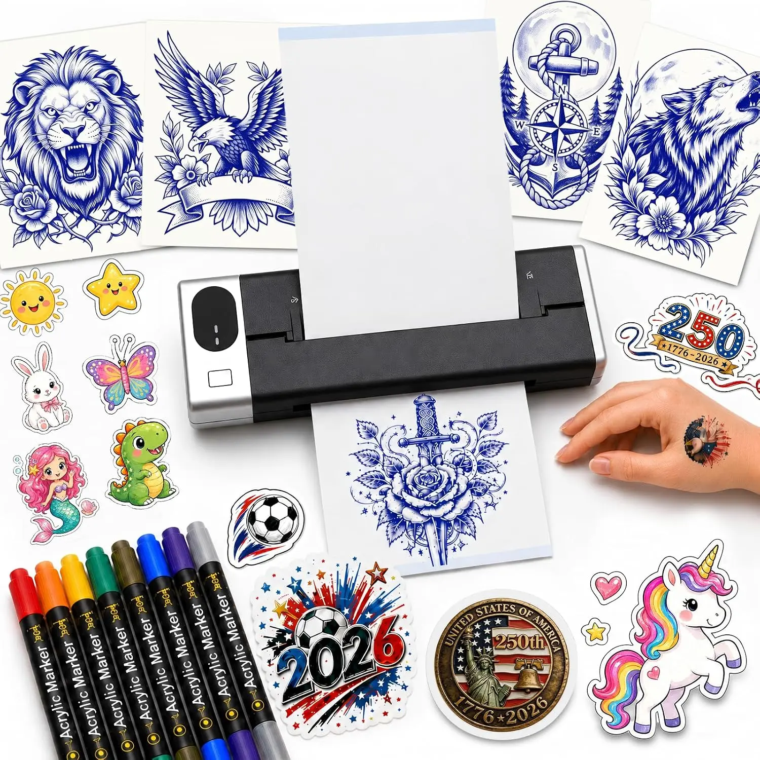 4" Bluetooth Thermal Stencil Printer & Temporary Tattoo Maker Kit, 30 Sticker Sheets, 10 Transfer Paper Sheets, Compatible with Phone/Tablet/PC, for Artists & Beginners
