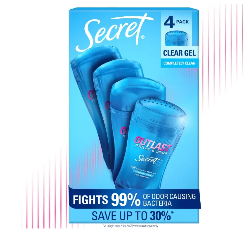 Secret Outlast Clear Gel Deodorant, Completely Clean, for Women  2.6 oz., 4 Pack Body Care