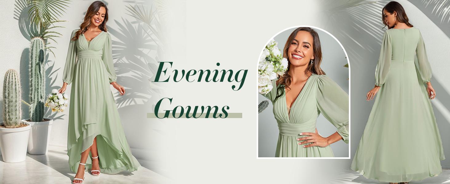 Ever-Pretty Fall A-Line Pleated See-Through Long Lantern Midi Chiffon Bridesmaid Dress 02043 - Elegant Chic Women's Wear Basic Cute Minimalist Pink V-neck ,wedding guest dress, Formal dress