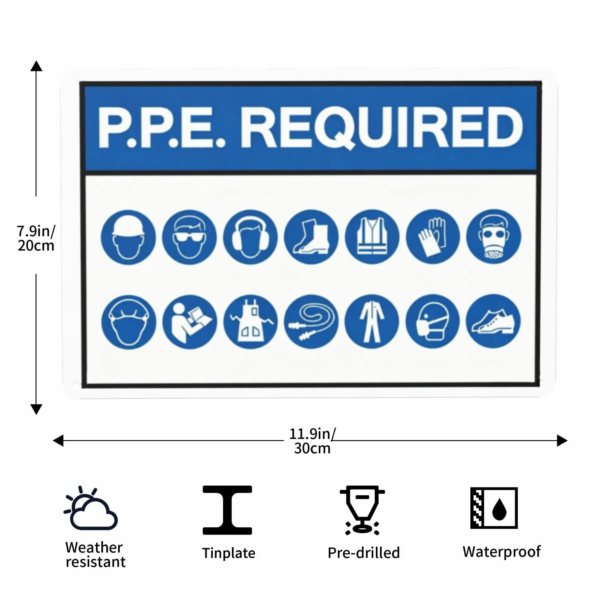 Workplace Required PPE Tin Sign - Weather-Resistant, Pre-Drilled Metal Plaque, 12x8in Personal Protective Equipment Notice for Construction, Warehouse, Elegant