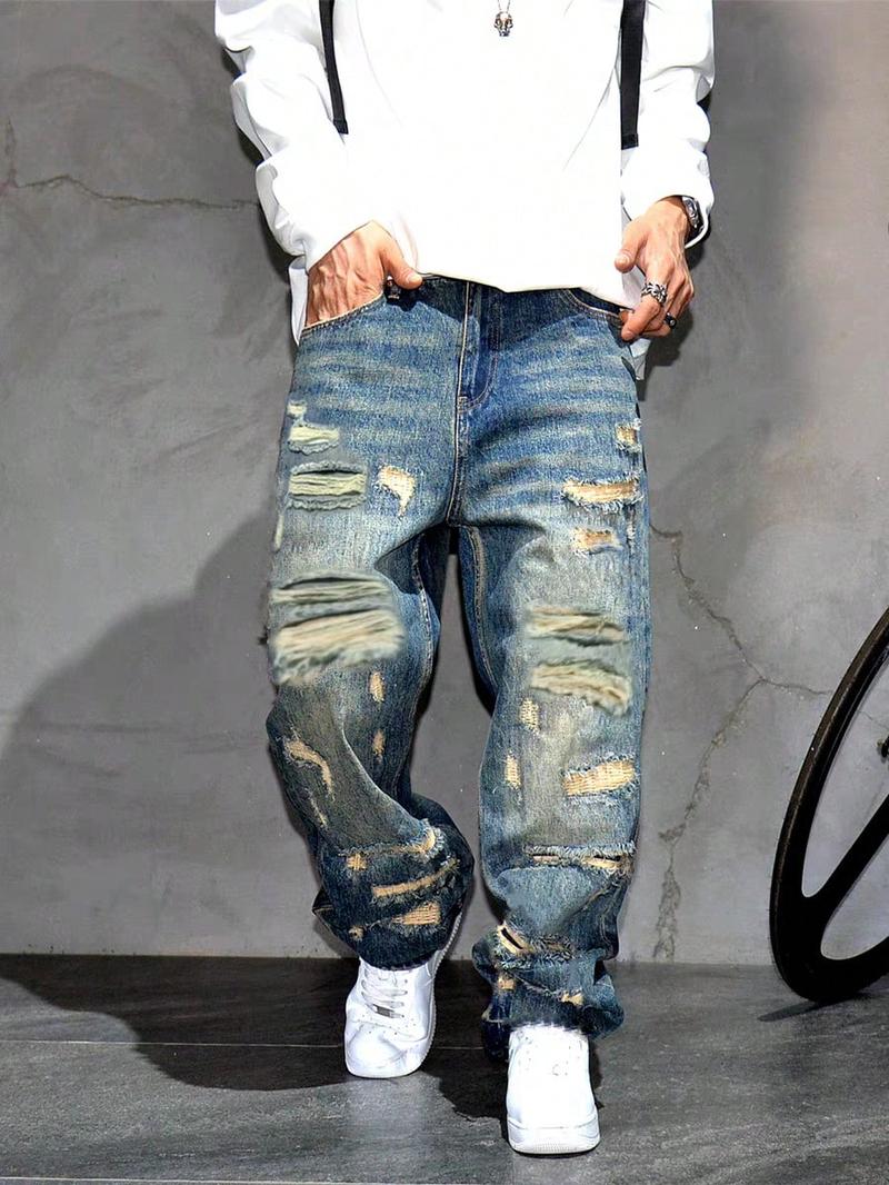 SRETOUU Men's Ripped Distressed Straight Fit Jeans Trousers Loose Fit Comfortable Streetwear Plain Solid Color Denim Pants Asia Size