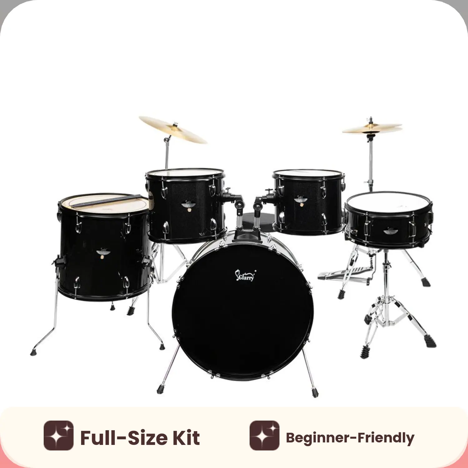 Full Size Adult 5-Piece Black Drums Kit with Bass, 2 Toms, Snare, Floor Tom, 16" Ride Cymbal, 14" Hi-Hat Cymbals, Stool, Pedal, Sticks, Bass Drums