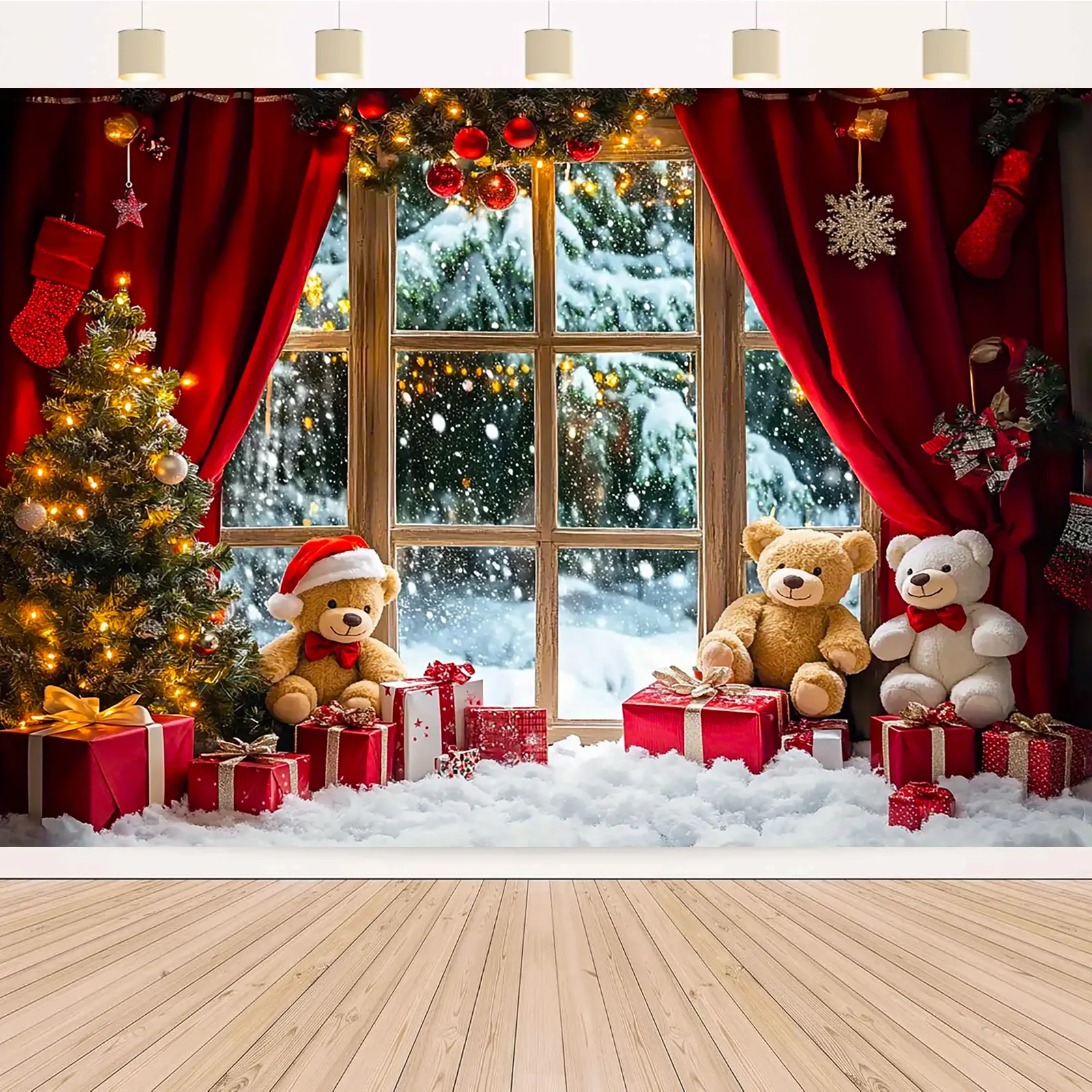 Polyester Christmas & New Year Photo Backdrops - Winter Scene with Xmas Tree & Teddy Bears, Non-Electric Party Decorations Banners, Multi-Size Holiday Backdrops for Weddings, Birthday Events