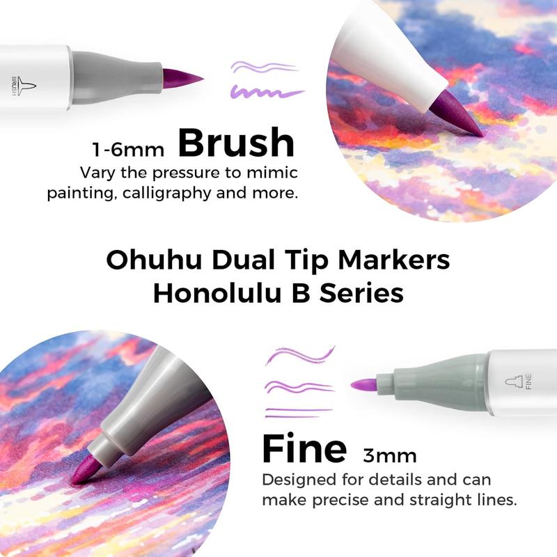 Ohuhu 104-color Alcohol Markers Brush Tip - Double Tipped Alcohol Marker for Artists Adults Coloring - Brush&Chisel/Fine - Refillable Ink - Christmas Gift