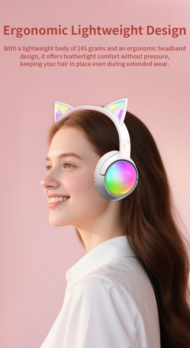 Wireless Bluetooth cat ear headphones with LED lights, foldable, over-ear design, built-in microphone, long battery life, suitable for mobile phones, tablets, iPads, and laptops. A cute gift for children, teenagers, and adults.