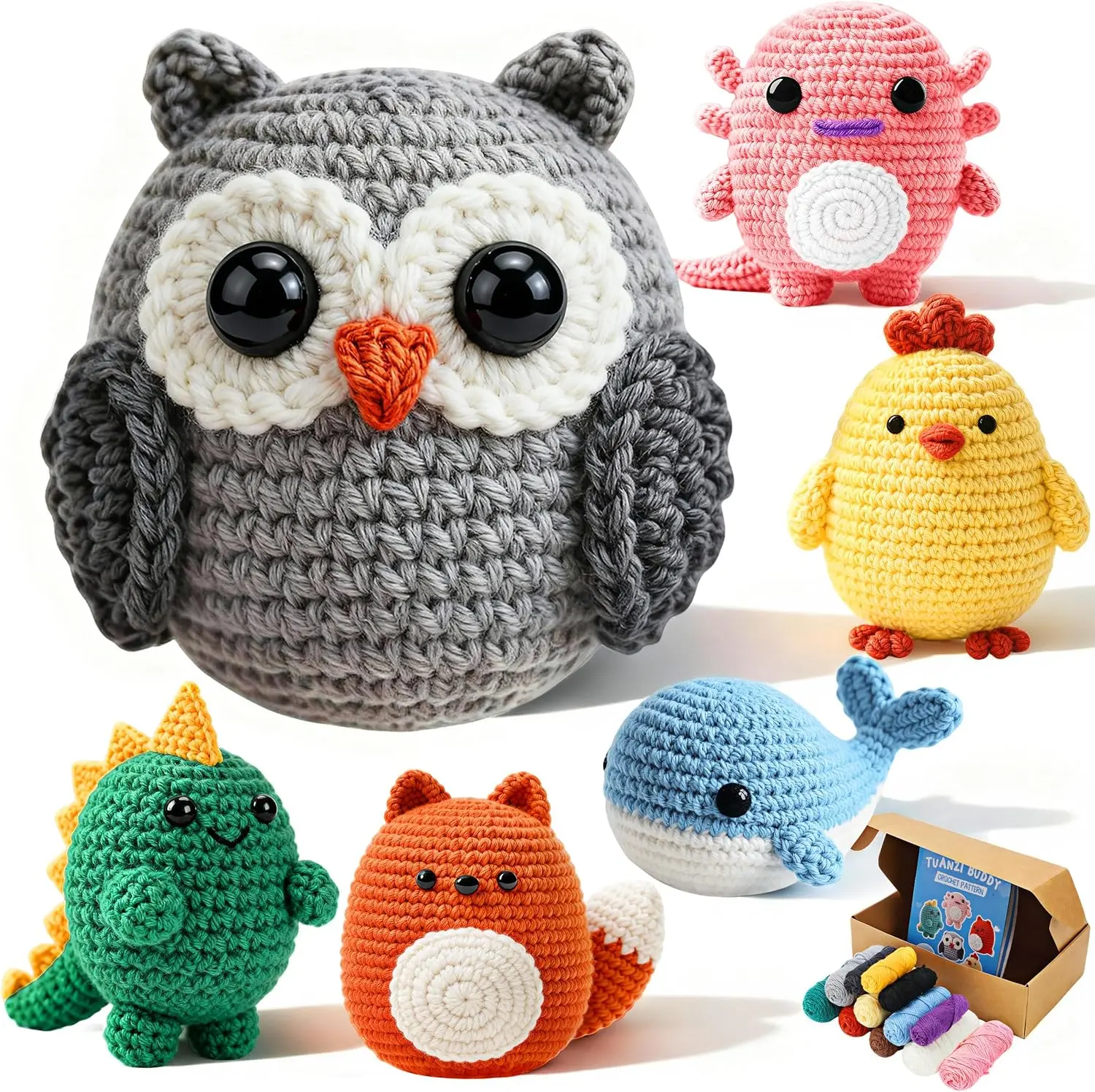 Joyclub 6 Pcs Crochet Kit for Beginners Crochet Starter Kits for Adults and Kids Great Birthday Gifts for Crocheting Lovers with Step by Step Video Amigurumi Animal Family Knitting Kit DIY Craft sohochic