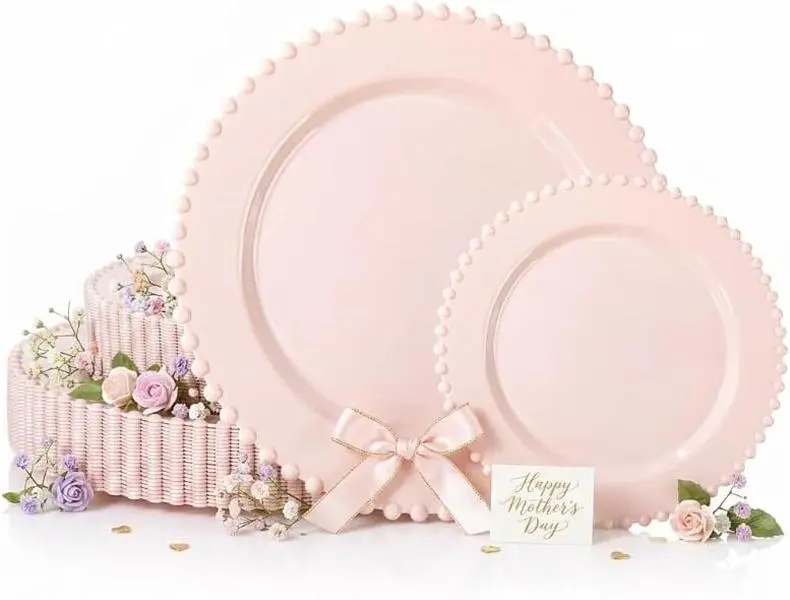 60Pcs Pink Plastic Plates - Heavy Duty Beaded Pink Disposable Plates for Mothers Day, Party, Baby Shower, Wedding - Serving Include 30 10inch Dinner Plate & 30 7inch Dessert Plate