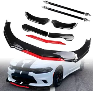 Universal Front Lip For Car,Glossy Black Front Bumper Lip, ABS Adjustable Sharp Corner Front Bumper Lip Splitter Protector With 2 Support Rods For Most Vehicle (Glossy Black w/Red)