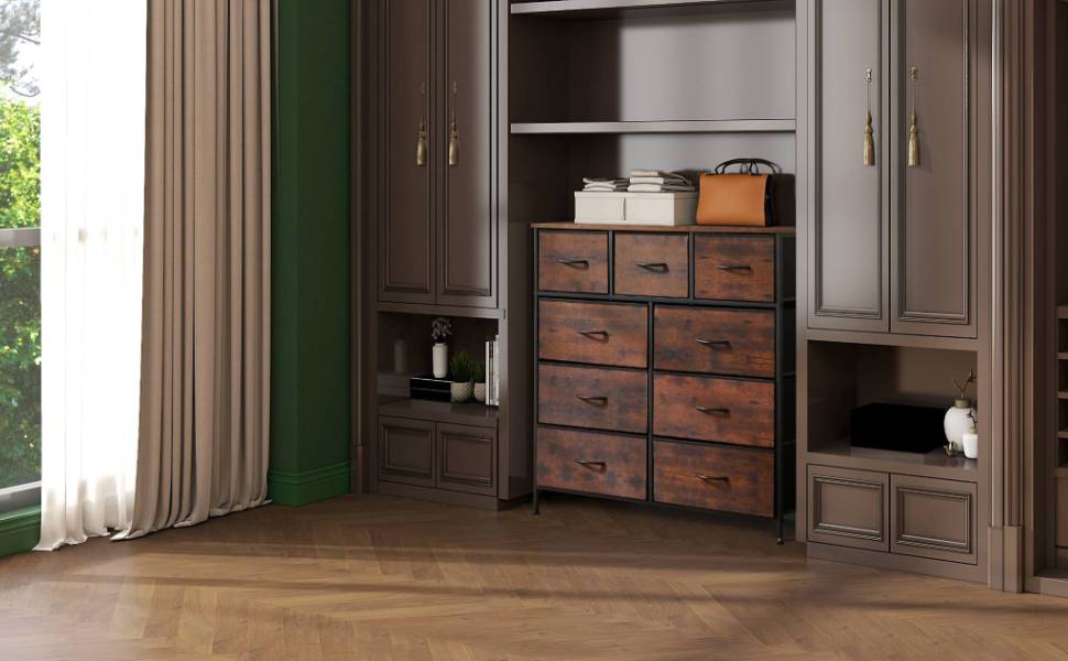 [Summer Deal] 9-Drawer Dresser, Storage Unit Organizer Chest for Clothes, Tall Dresser & Chest for Bedroom, Hallway, Living Room, Wood Top Cabinets Organizing