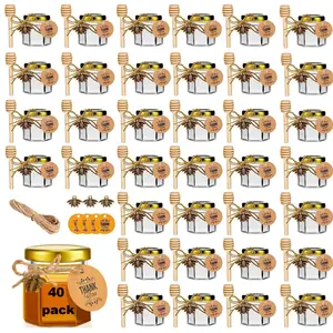 40 Pcs Mini Glass Honey Jars 1.5Oz Hexagon with Wooden Dippers Bee Charms Thank You Cards Jutes Pouch Stickers for Baby Shower Wedding Party Favors Bee Themed Events