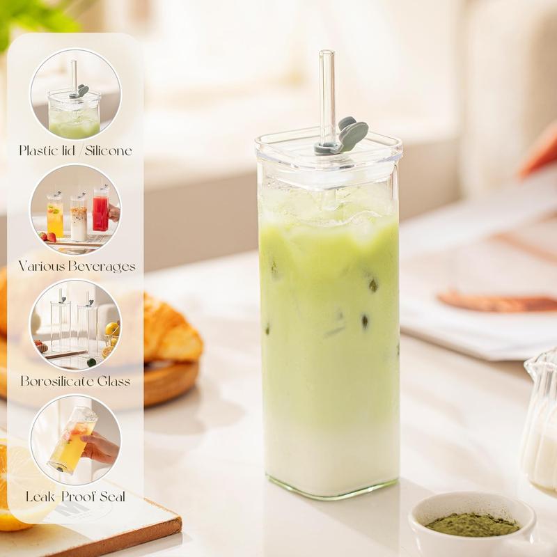 Nifogo Glass Cups with Lids & Straws, 8 Sets Square Ribbed Drinking Glasses with Lids, Clear Highball Tumblers for Cocktail, Coffee, Juice, Beer, Modern Mixed Drinkware Jars(13oz)