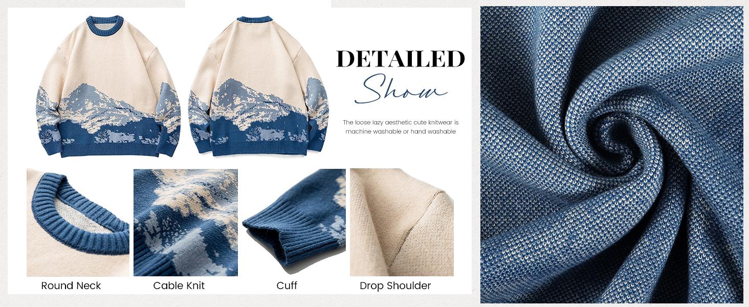 Vintage Sweater Grandpa y2k Oversized Casual Cable Knit Sweater Pullover Graphic Crewneck Tops Long Sleeve