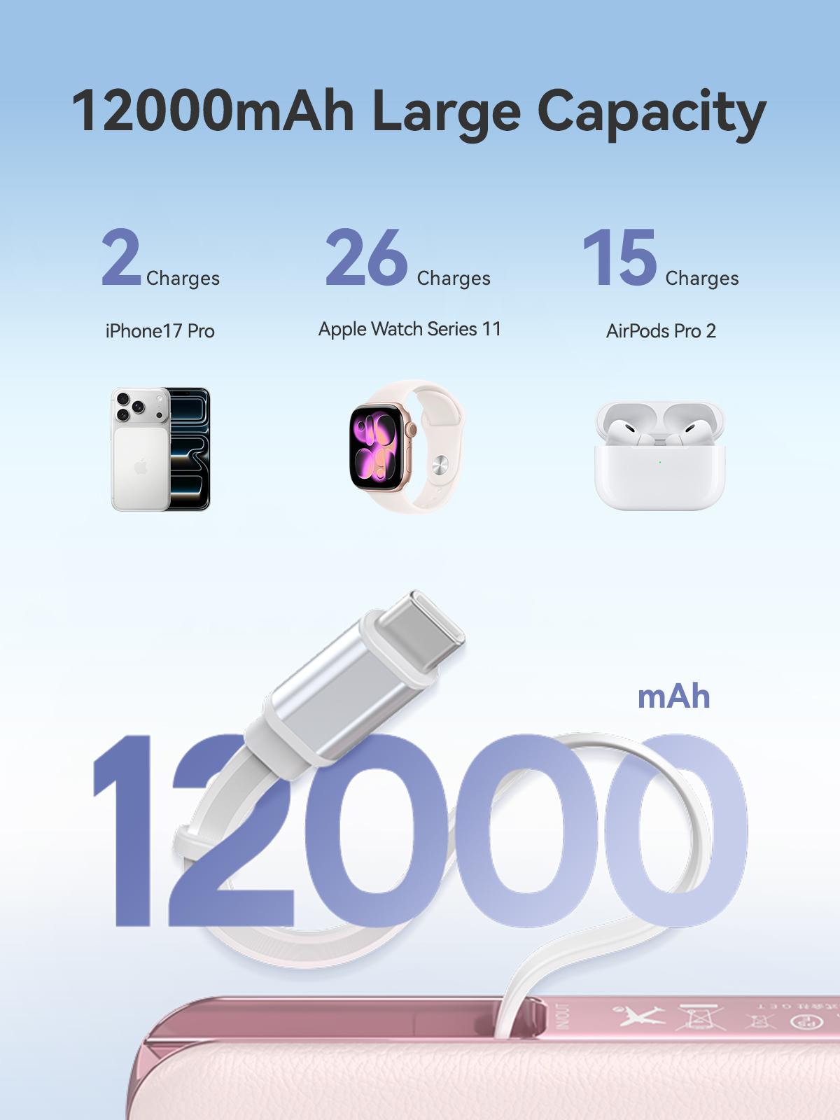 RORRY 12000mAh Power Bank 30W Fast Charging with Built-in Retractable USB C Cable  for  iPhone 17-12 Apple Watch Series iPad Pro Galaxy Android Portable Charger Perfect Gift High Capacity Battery SpringStatements