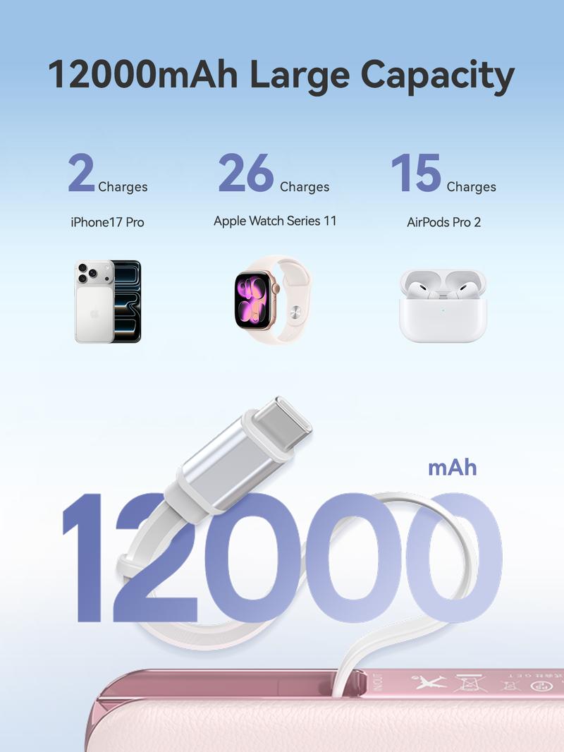 RORRY 12000mAh Power Bank 30W Fast Charging with Built-in Retractable USB C Cable  for  iPhone 17-12   Apple Watch Series iPad Pro Galaxy Android Portable Charger Perfect Gift High Capacity Battery Valentinesdaygift