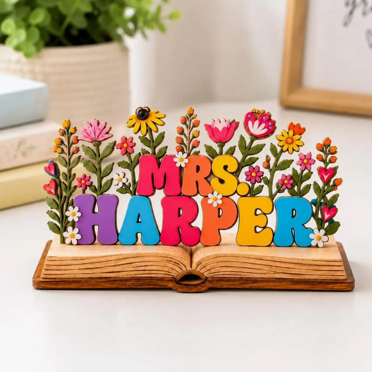 Personalized Teacher Desk Sign, Custom Name Sign Wooden Book, Floral Classroom Decor Teacher Gift,Floral Classroom Decor