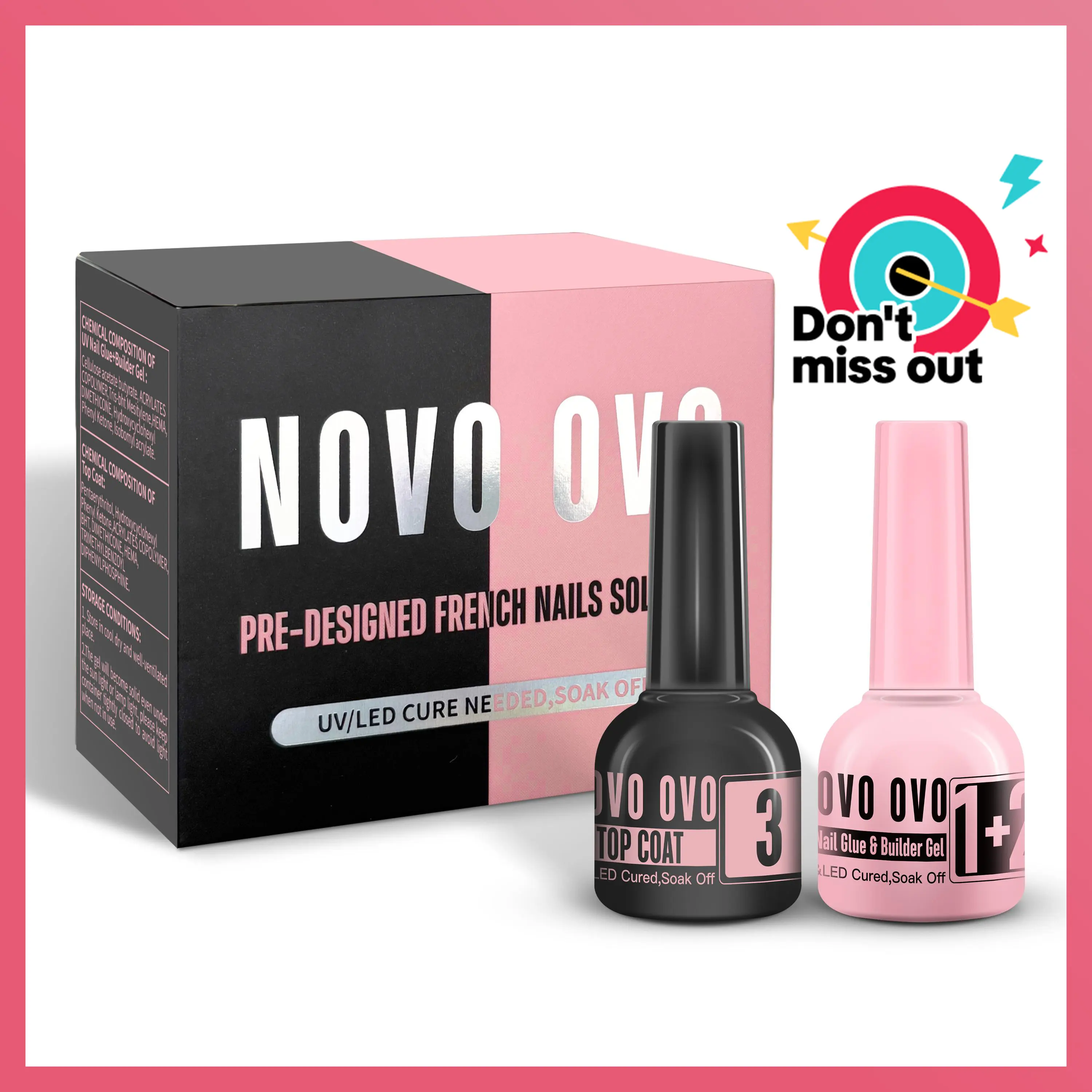 NOVO OVO French Tip Solution Kit, Including One Muti-function Gel as UV Glue, Base Coat Builder Gel 10 ml, One Premium Top Coat 10ml, for Pre-designed False Nails Tips Easy to Use 30 days lasting