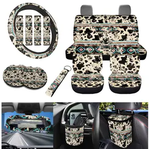 14pcs Western Car Seat Covers, Aztec Cow Print Auto Decor Full Set with Steering Wheel Cover Seatbelt Pads Coasters Keychain Garbage Bag Mirror Cover, Non Slip Durable Car Interior Decor Protector