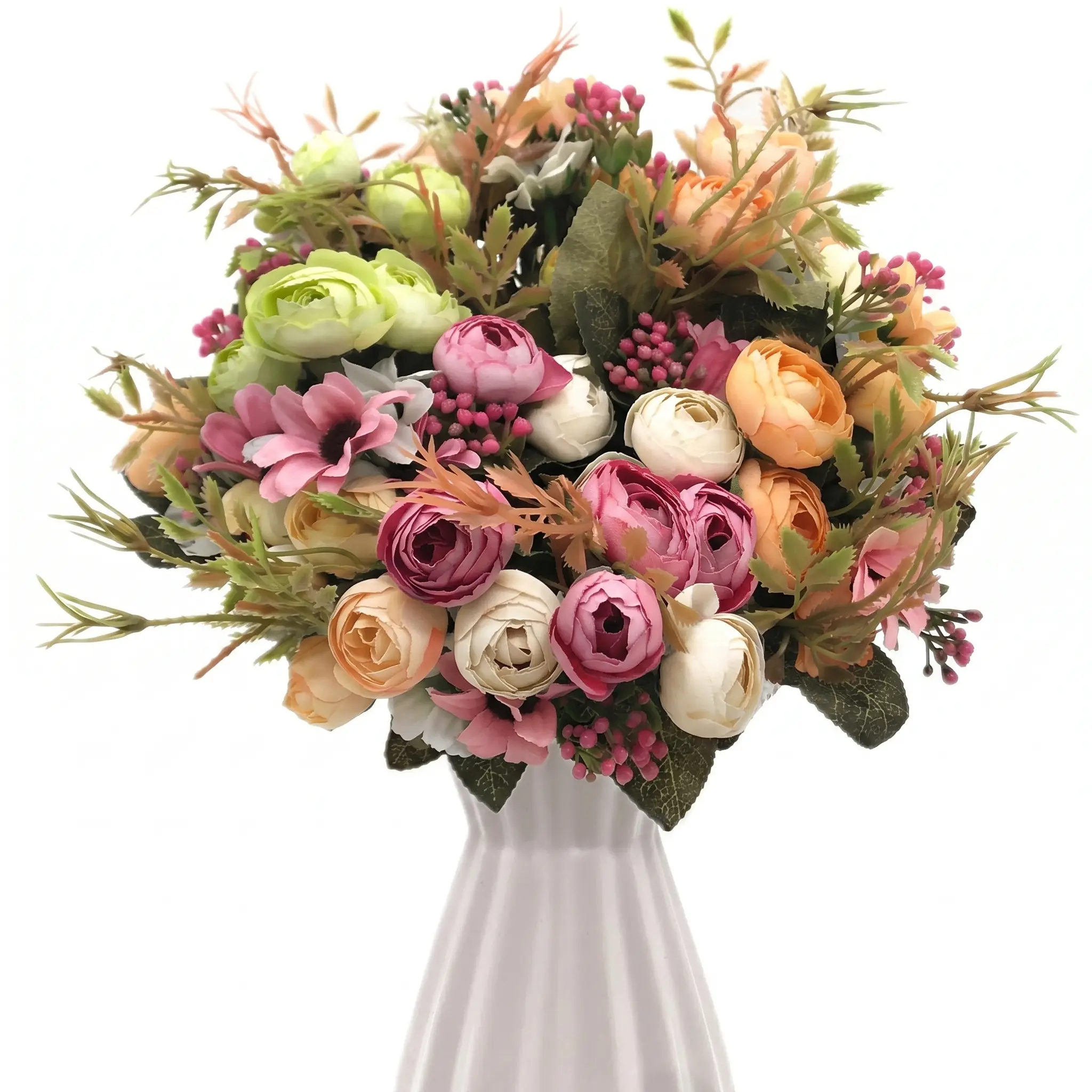 5-Piece Lifelike Silk Decorative Fake Flowers Bouquet with Vase - Auspicious Home Decoration Bouquet for Tabletop Desk, Nursing Gifts, Juneteenth Presents