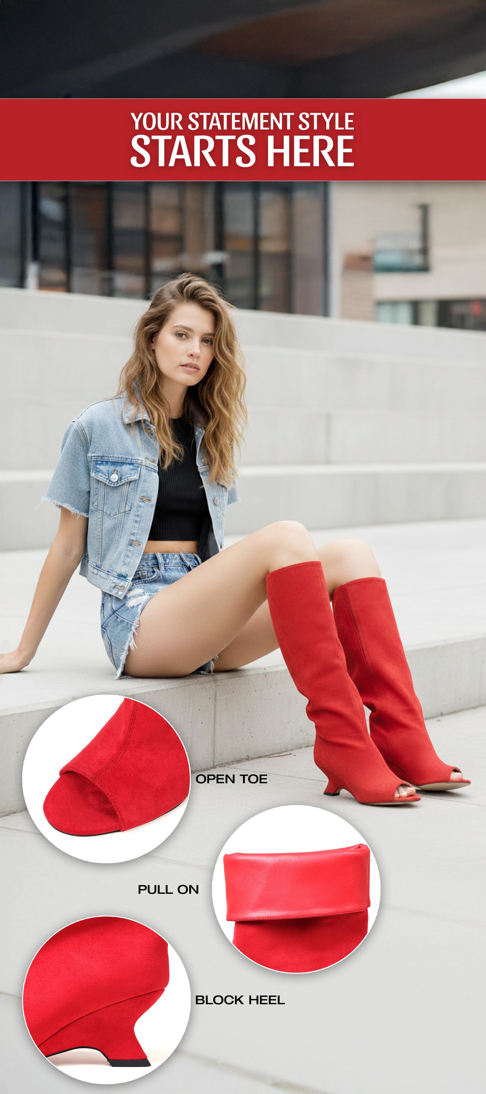 Knee High Boots For Womens Open Toe Block Heel Pull On Party Date Event Office Casual Date Slouchy Long Comfortable Trendy Modern Boots