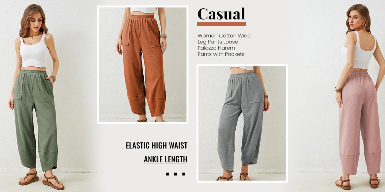 Mundoven Womens Baggy Wide Leg Pants Casual Elastic Waisted Palazzo Harem Pants with Pockets