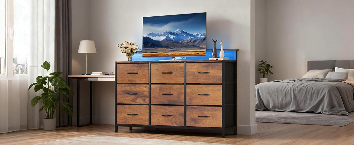 Dresser for Bedroom, Dresser for Closet with 9 Drawers, Large TV Stand for 55, 65, 70 Inch TV, Entertainment Center with Storage, Wide Long Chest of Drawers