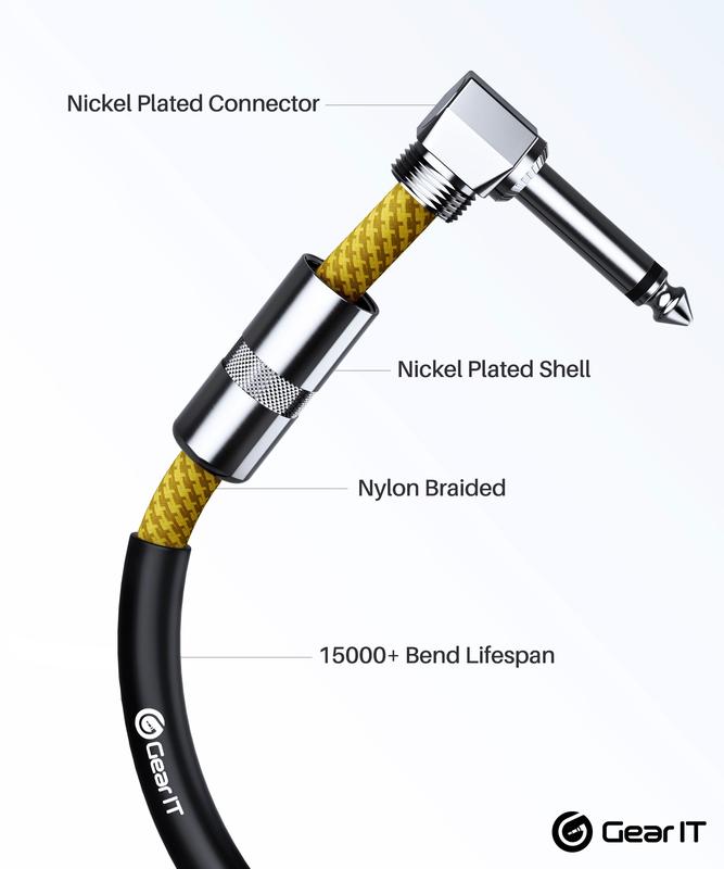 Right Angle to Straight 1/4 Inch Male to Male Guitar Instrument Cable, Yellow