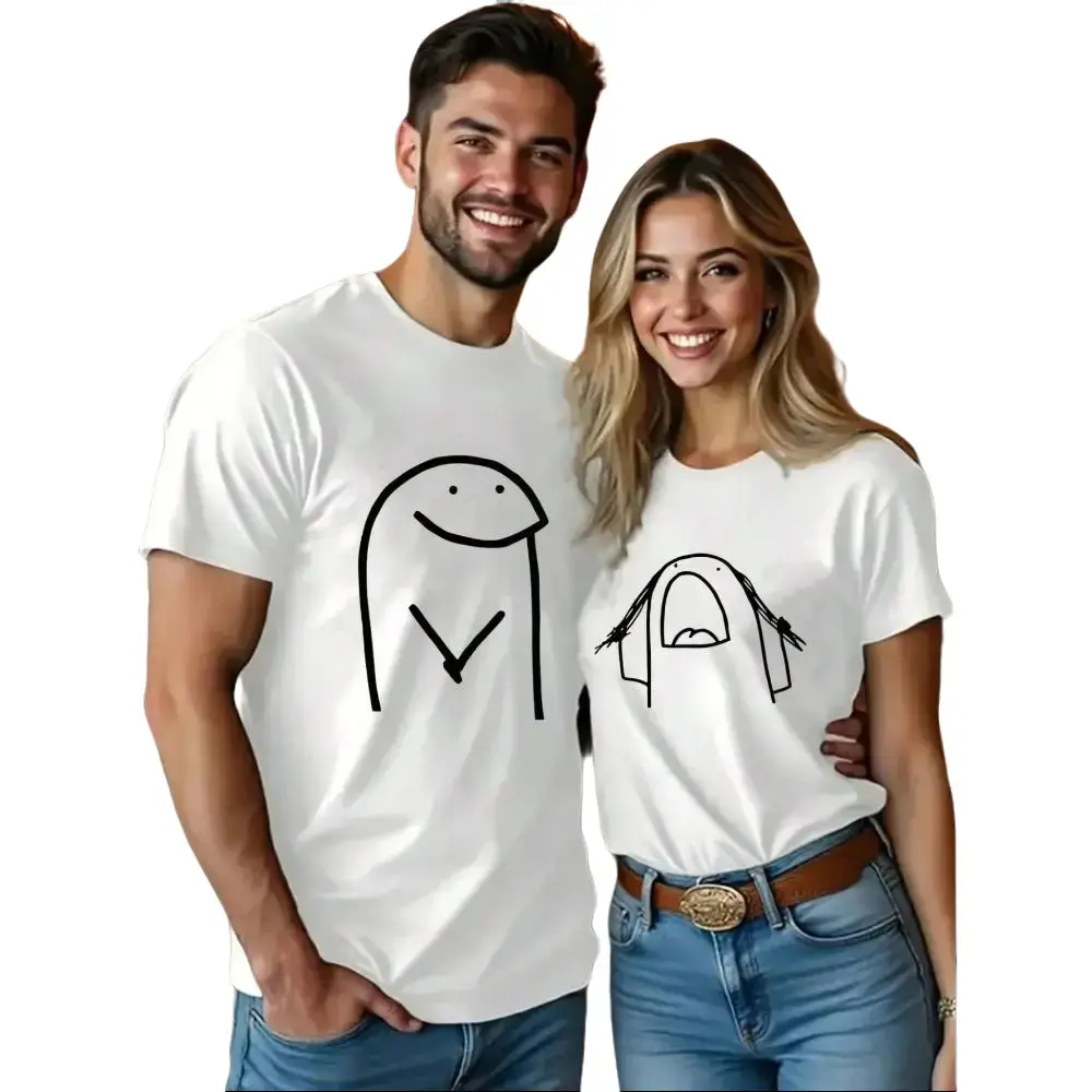 Couple's Matching Graphic T-Shirt, Soft 100% Cotton Slim-Fit Tee, Comfortable Short Sleeve Clothes for Casual Everyday Wear, Shortsleeve, Matching Set, Round Neck, Cartoon Print, Playful Look, Crew Neck, Machine Washable, Playful Print, Short Sleeves