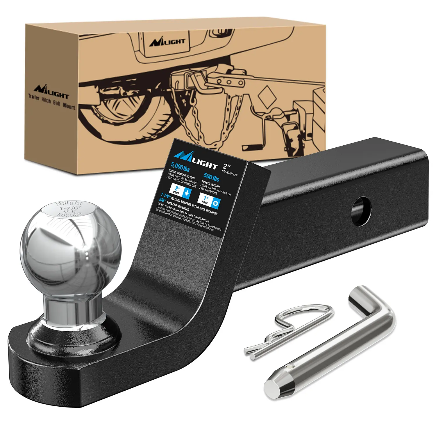 Nilight Fusion Trailer Hitch Mount with 1-7/8 Inch Trailer Ball & 5/8" Hitch Pin Clip, Fits 2-Inch Receiver 5000 lbs 2" Drop fathersdaygift, 1-7/8-Inch Diameter Tow Ball, 2-Inch X 2-Inch Shank