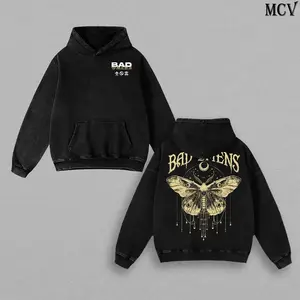 Vintage Retro Bad Omens Moth Graphic Washed Hoodie, Oversized Menswear And Women Menswear Tops, Gym Pump Cover, Hip Hop Y2K Graphic Apparel, Gift for Fans