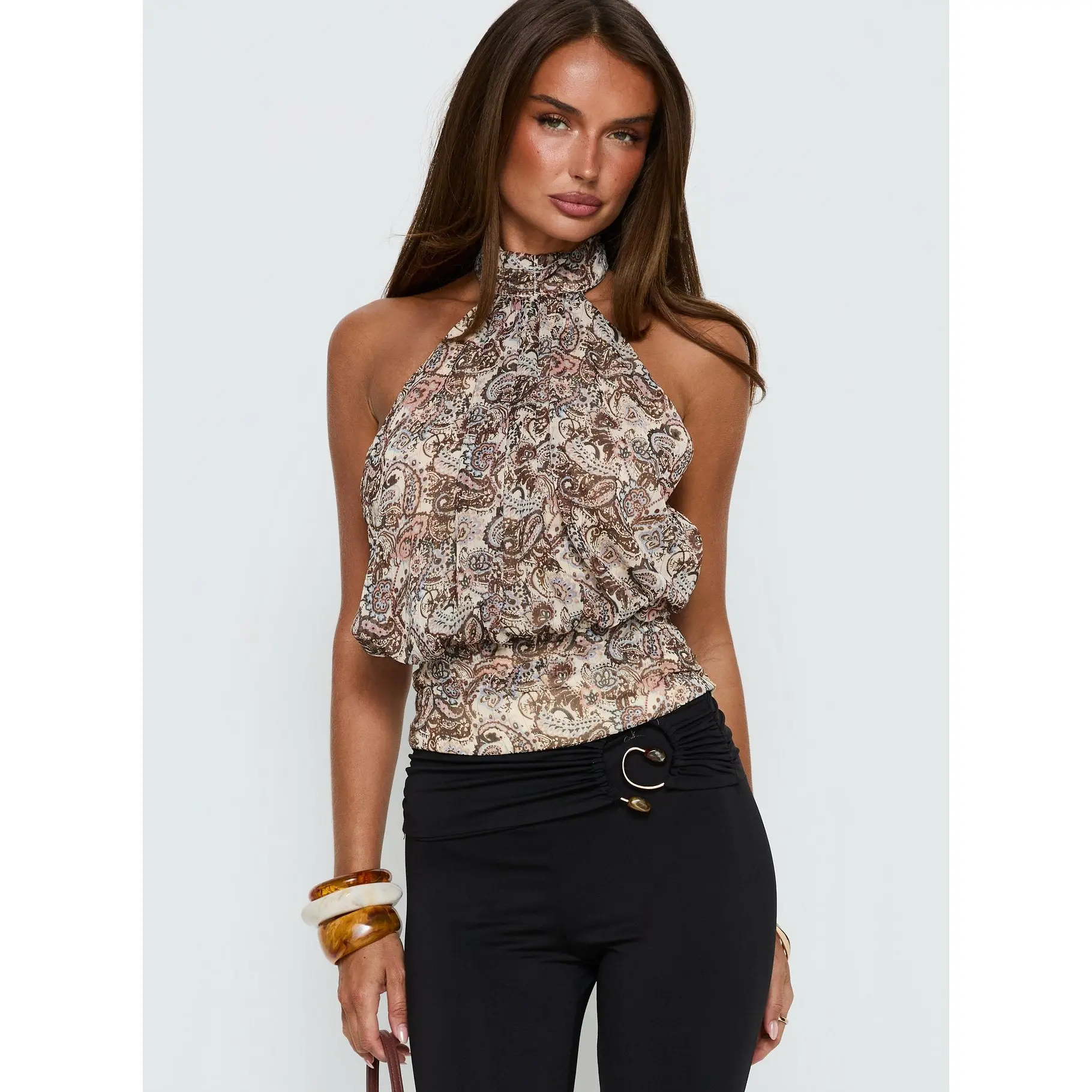 Faythe High Neck Tie Top Paisley