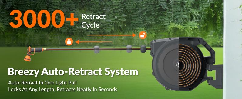 Giraffe Tools Retractable Garden Hose Reel 90ft Garden Water Hose Reel with Metal Bracket, Automatic Rewind System, 3-layer-hybrid hose, Lock at any lenghth Tangle-Free Kink-Free, 9-Pattern Nozzle, 180° Swivel Bracket Wall-Mounted