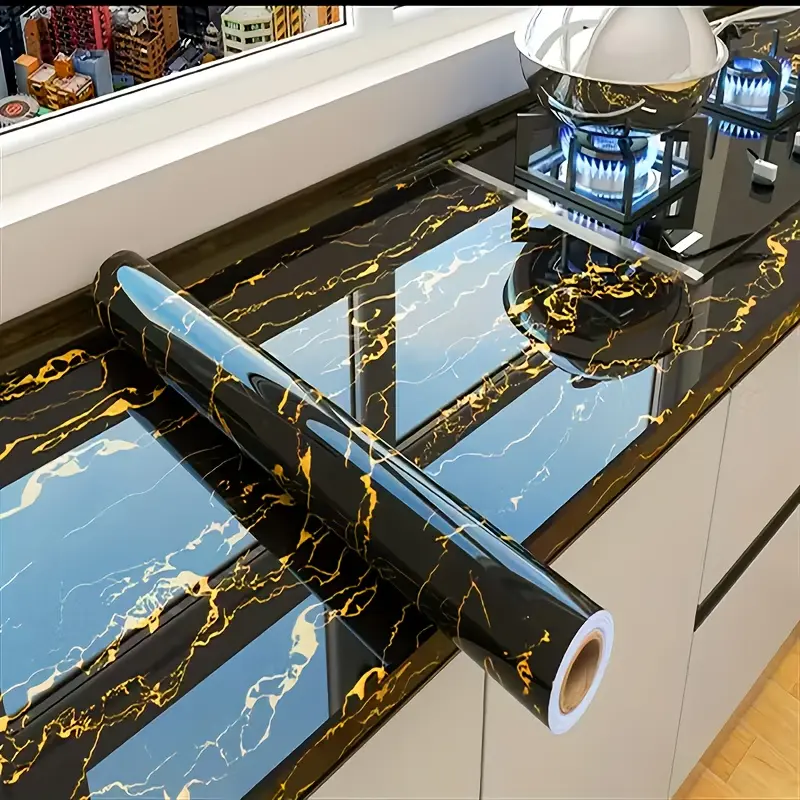 Auto-Adhesive Black Artificial Stone Wallpaper, 0.15mm Thick Flexible Adhesion Film, Waterproof Oil-Proof Moisture-Resistant Renter-Friendly Contact Paper for Bathroom, Kitchen Backsplash Renovation (Wallpaper Ideas Included)