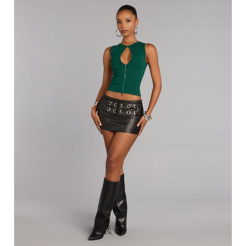 Edgy Everyday Ribbed Knit Zip-Front Top