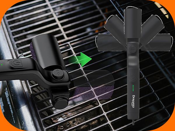 Drayvorx 2-in-1 Cordless Electric Barbecue Cleaning Brush & Spin Scrubber, Barbecue Accessories with Rust-Resistant Metal Heads, 3-Speed High-Torque Motor, Type-C Fast Charge Handle for Outdoor BBQ Grates