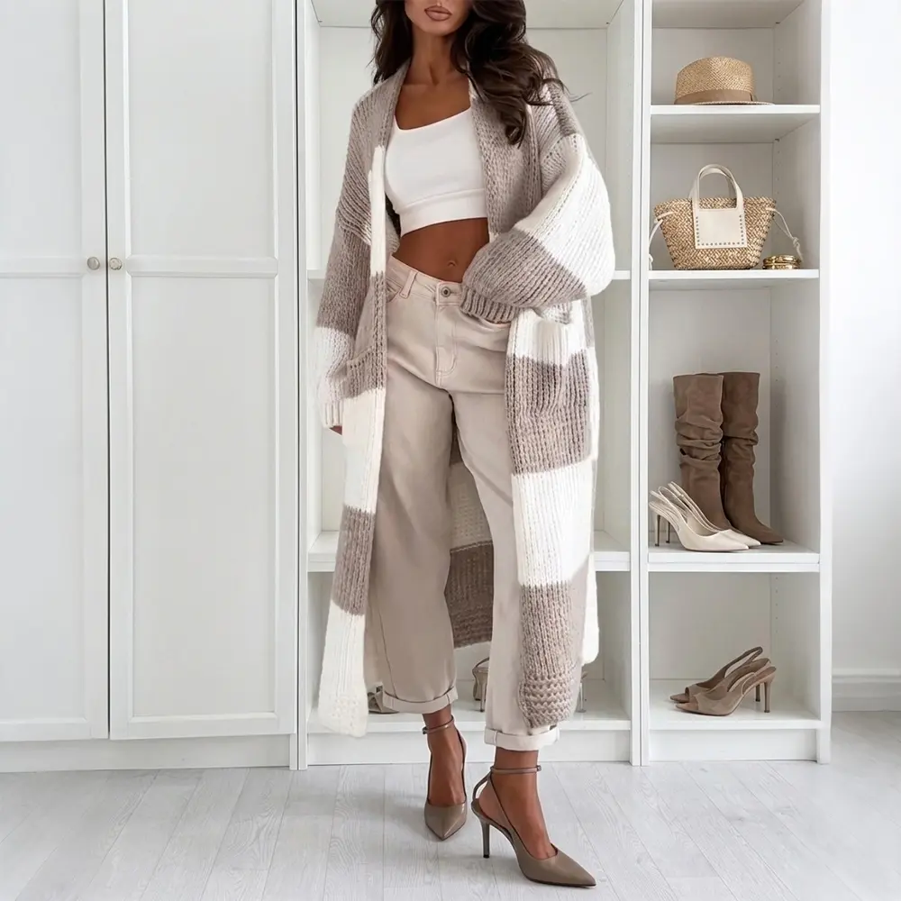 CHICME Women's Oversized Long Color‑block Checkerboard Knit Cardigan Fall Oversized Outwear