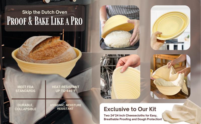 Sourdough Starter-To-Loaf Kit, Premium Silicone Oval & Round Bread Proofing Basket Set, Easy Baking Instructions, Complete Sourdough Kit, 34oz Sourdough Starter Jar With Accessories, Silicone Spatula, Danish Whisk, Dough Scraper, Scoring Knife, Bread Bags