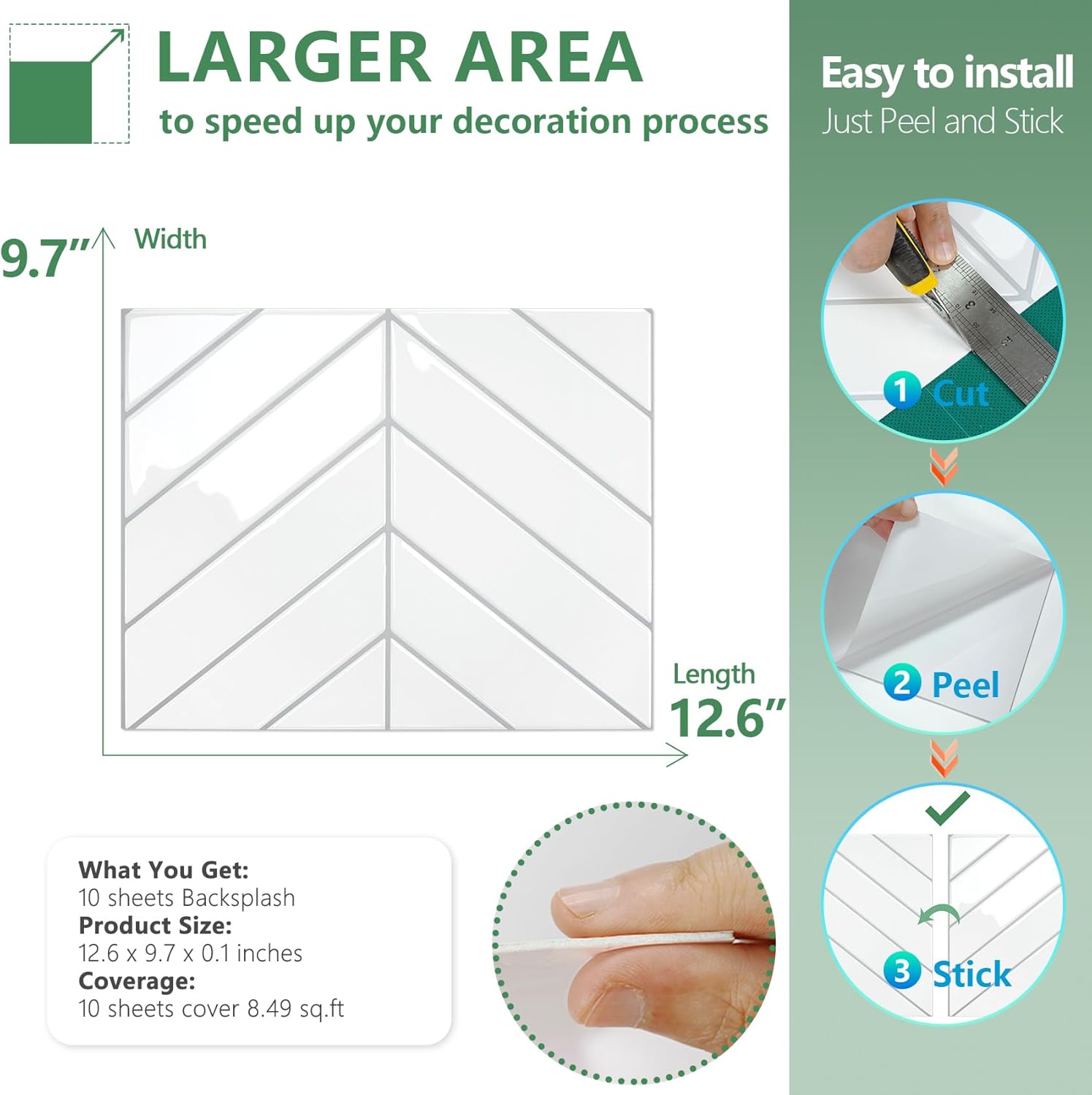 STICKGOO 10Pcs Thicker Peel and Stick Backsplash, Stick on Wall Tiles, Self Adhesive Tile Sticker for Kitchen Backsplash and Bathroom Decorative , Interior Decor - White