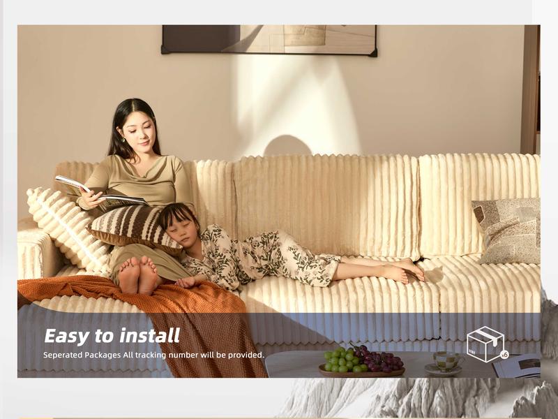 【6 Packages Shipping】Queen Sofa,Cloud Couch 139" U-Shaped Sectional Sofa, Oversized 7-Seater Modular Couch with Corduroy Upholstery, Deep Seats, High Backrest & Pocket Spring Cushions for Living Room, Left Facing Chaise