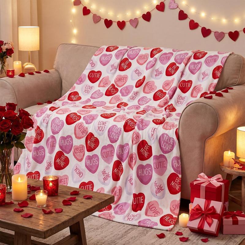 Valentine Flannel Blanket Throw, Pink Hearts with Words Soft Fuzzy Plush Cozy Fleece Blankets for Couch Sofa Bed Lounging, Ideal Gifts for Kids Adults Wife Self, Gift for Him & Her, Valentine's Day Gift