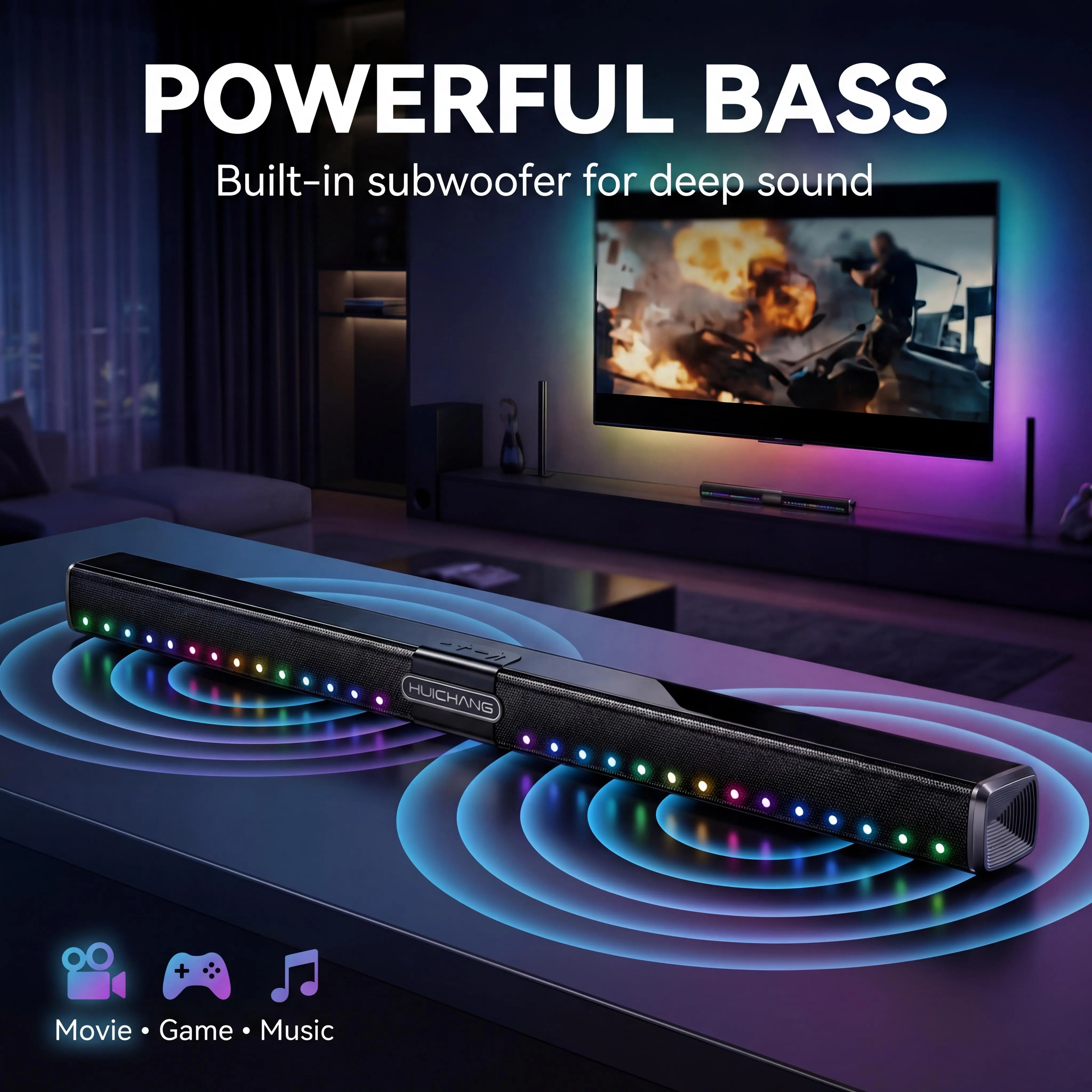HUICHANG H008 Bluetooth 5.3 Soundbar - 10-Speaker RGB Slim Piano Black (34.6" 300W Peak Power), 9D Deep Bass, TWS Stereo, Multifunctional AUX/USB/Coaxial Inputs, Colorful LED Lights, Home Cinema Music Setup for TV, H008:colorful Led Lights With 10 Speaker