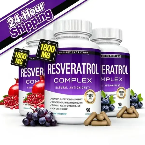 Toplux Nutrition Resveratrol Complex 1800mg, Potent Antioxidant Supplement with Trans-Resveratrol, Pomegranate & Grape Seed Extract, Supports Healthy Aging, Immune Function & Longevity, Non-GMO Formula, 90 Capsules