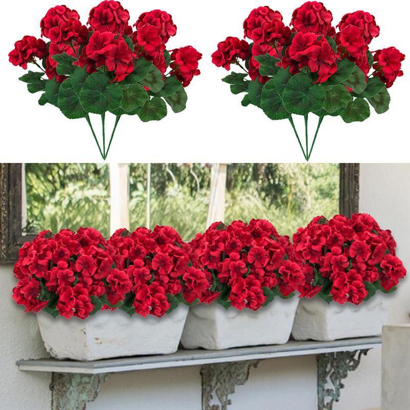 8 bundles of outdoor artificial geraniums, artificial plant UV resistant plastic flowers, used for indoor, outdoor, courtyard, hanging flower pots, porch, window home decoration (8, red)