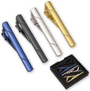 4pcs Tie Clips for Men Tie Clip Tie Bar Tie Bars for Men with gift box (Black gold blue silver)