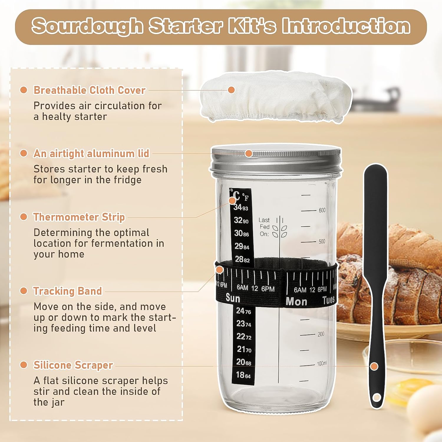 12PCS  Sourdough Starter Kit, Banneton Bread Proofing Basket, 24oz Glass Sourdough Starter Jar, Sourdough Bread Baking Supplies, Sourdough Proofing Basket, Bread Making Tools- B